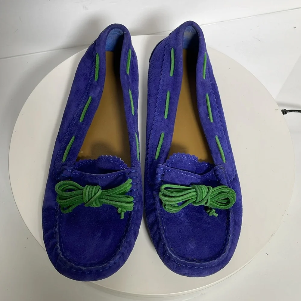 UGG Purple Suede Moccasins with Green Laces - Picture 7 of 9